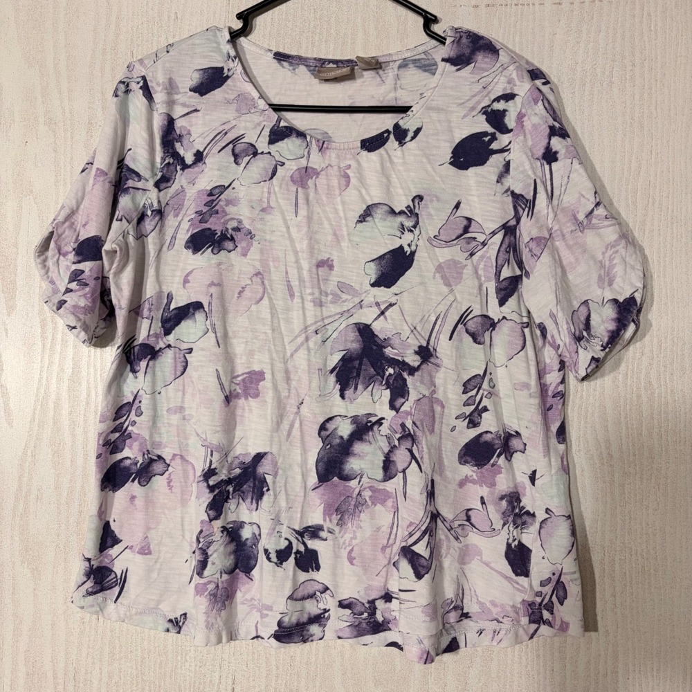 Chico's Floral Slub Knit Top Women 1 Purple White Watercolor Short Slv